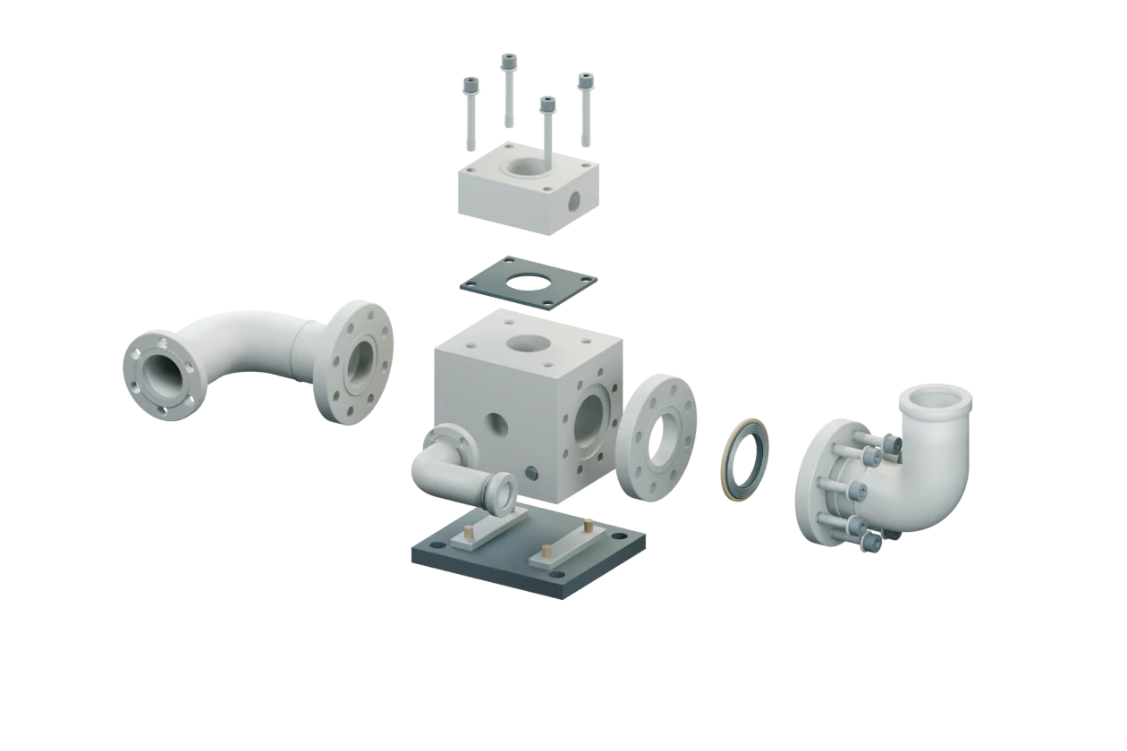 Original matte exploded assembly with manifold block, formed tubes, flanges, seal, mounting block, and fasteners