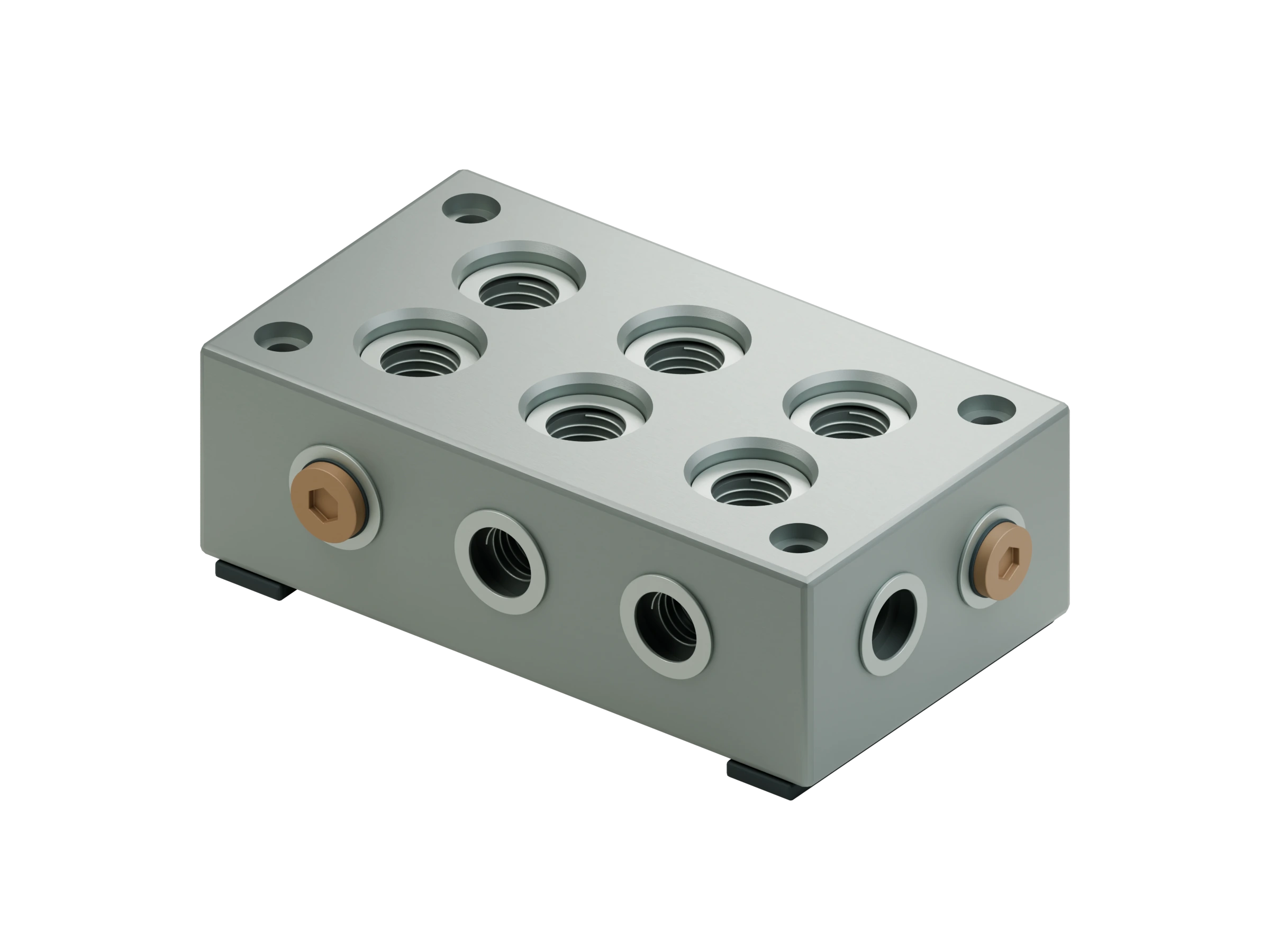 Illustrative machined block with internal fluid passages and connecting ports.