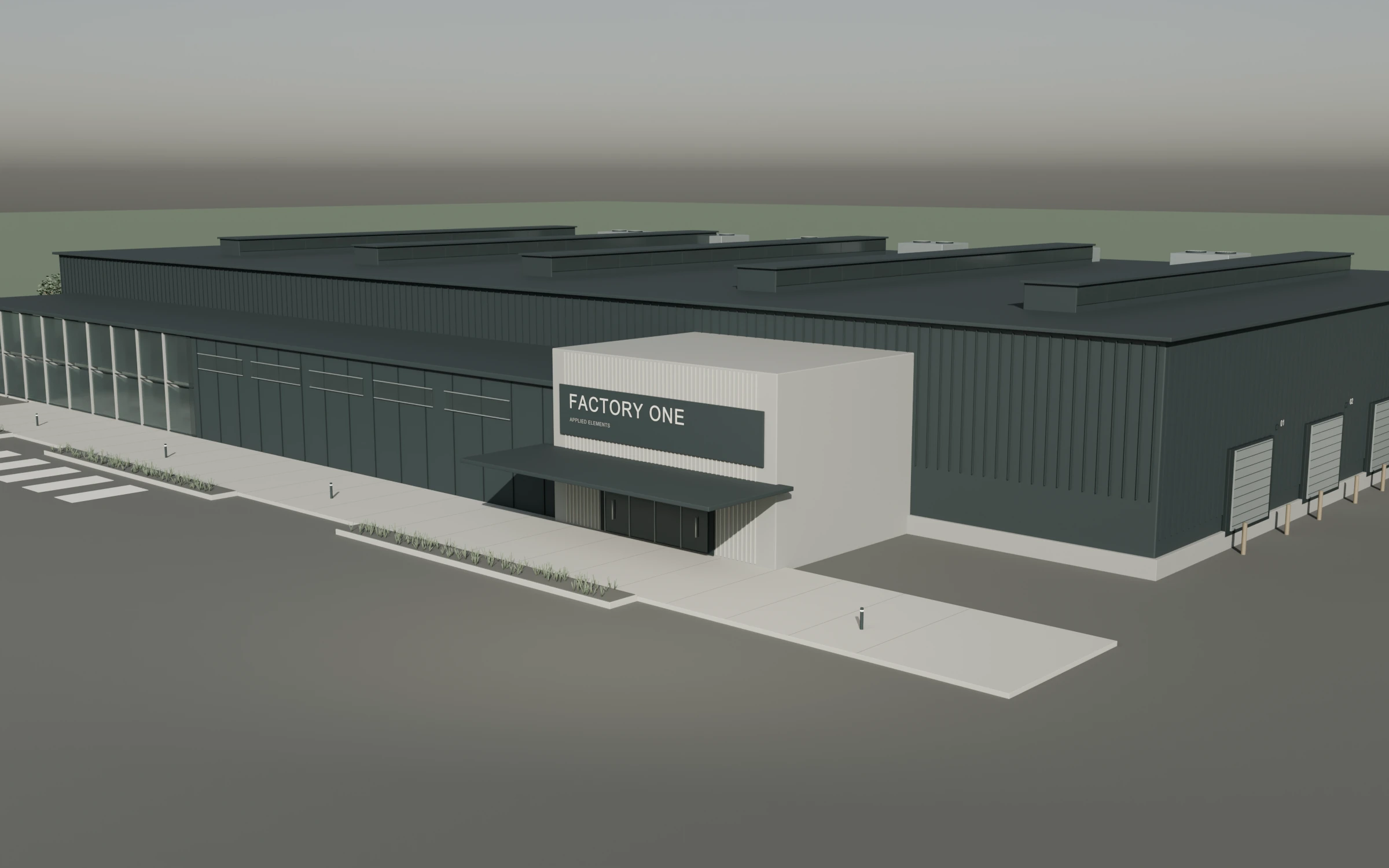 Factory One exterior concept with substantial production halls, an engineering frontage, and dedicated logistics access.