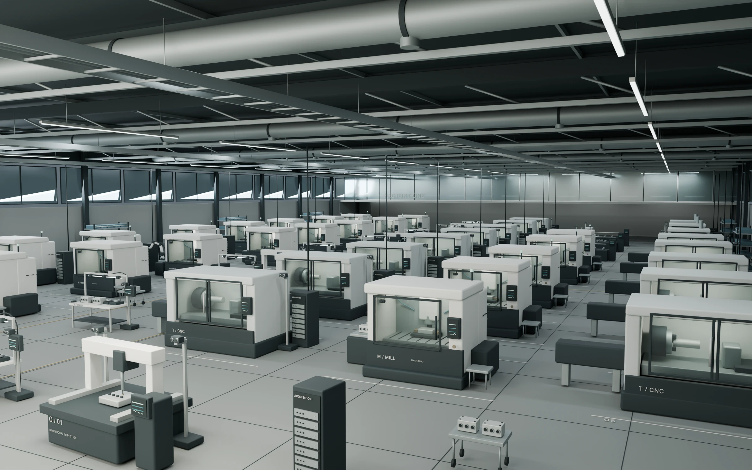 Factory One interior concept with organized rows of machining equipment, assembly stations, inspection systems, and sensor hardware.
